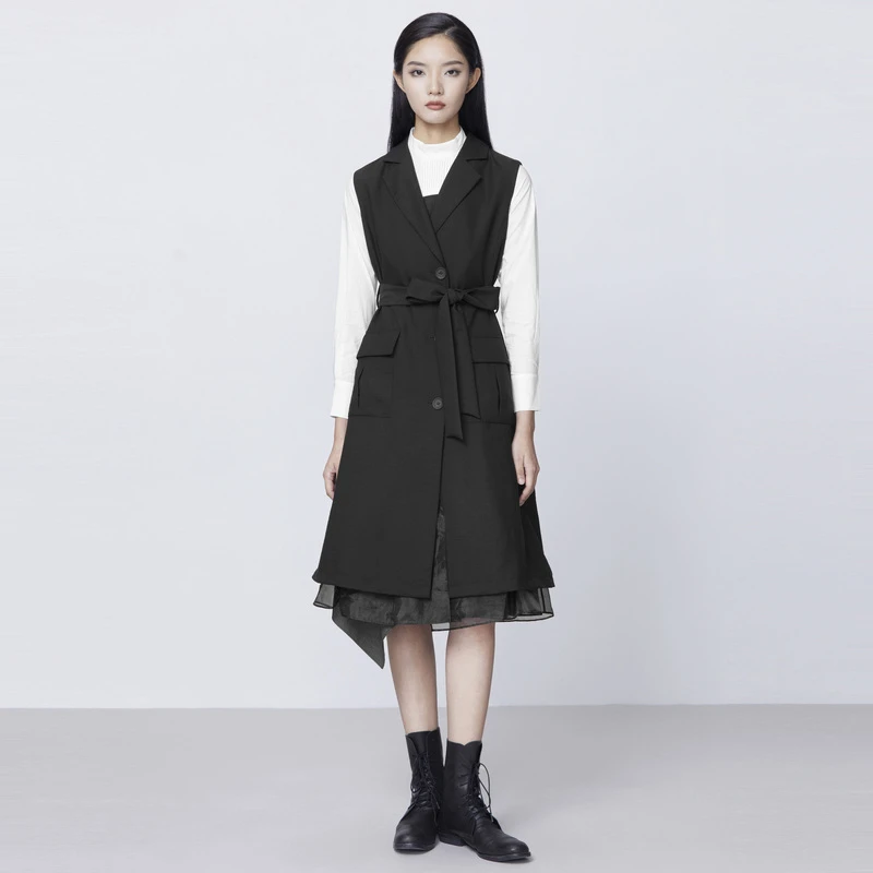 S·DEER圣迪奥女装休闲西装领收腰网纱拼接长款黑色马甲S21381603