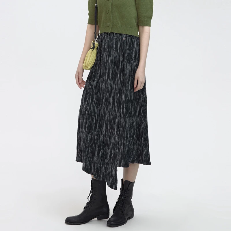 S·DEER女装松紧拼气质时尚接水墨晕染不规则宽松长裙S21461112