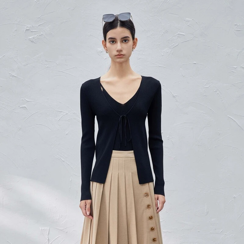 sdeer圣迪奥女装简约系带修身吊带两件套针织衫S23383508