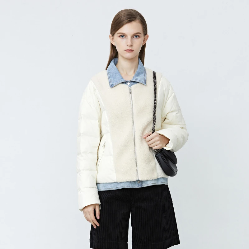 S·DEER圣迪奥女士个性时尚翻领百搭拉链牛仔拼接羽绒服S21462418