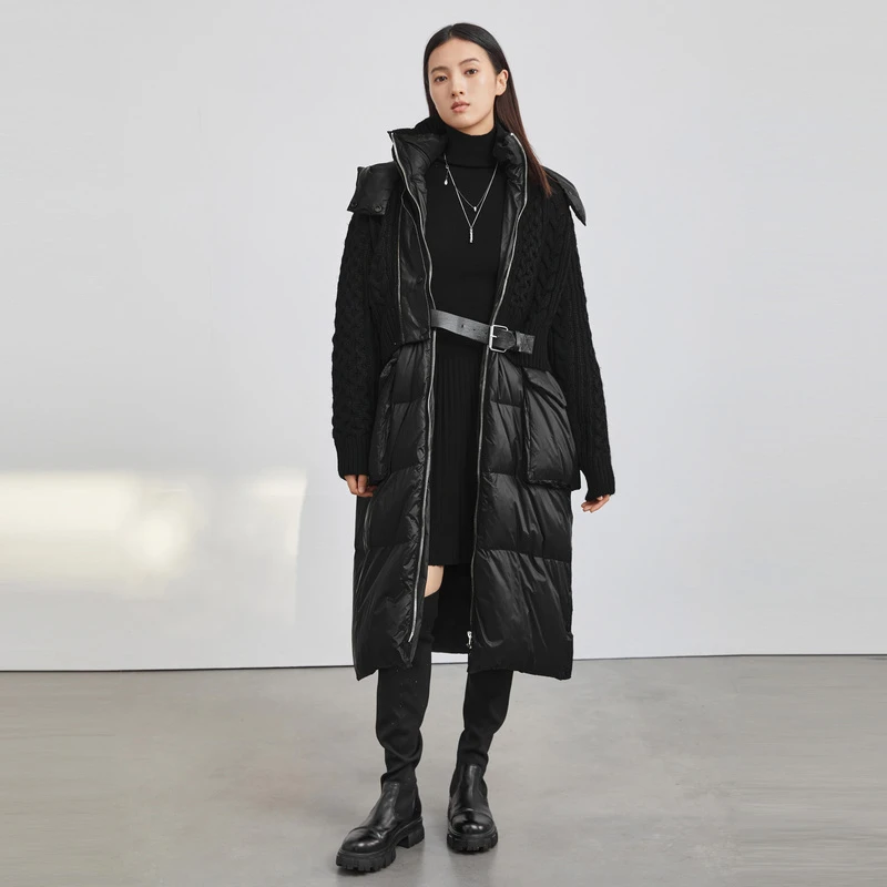 S·DEER圣迪奥女装连帽钩花针织拼接长款羽绒服S21482493