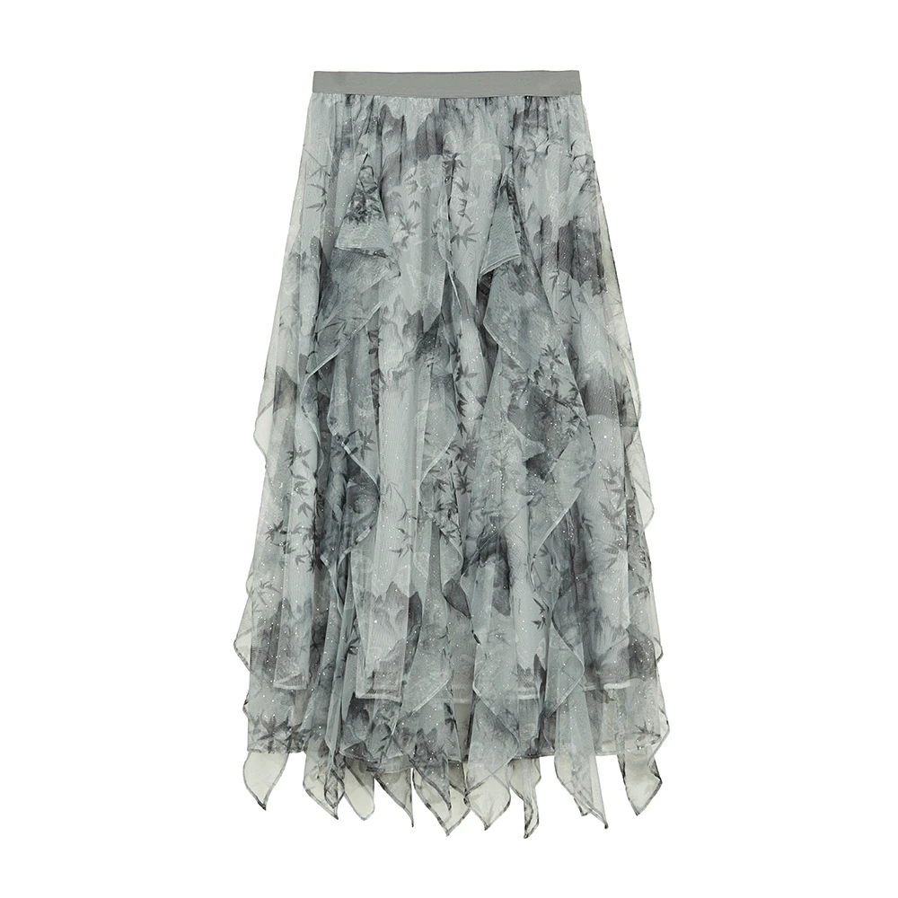 圣迪奥夏季印花休闲时尚网纱拼接不规则半身裙S242Z1120