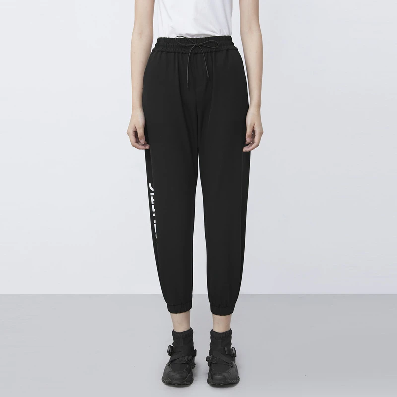 圣迪奥女装时尚气质抽绳松紧插袋黑色长裤运动裤S21480828