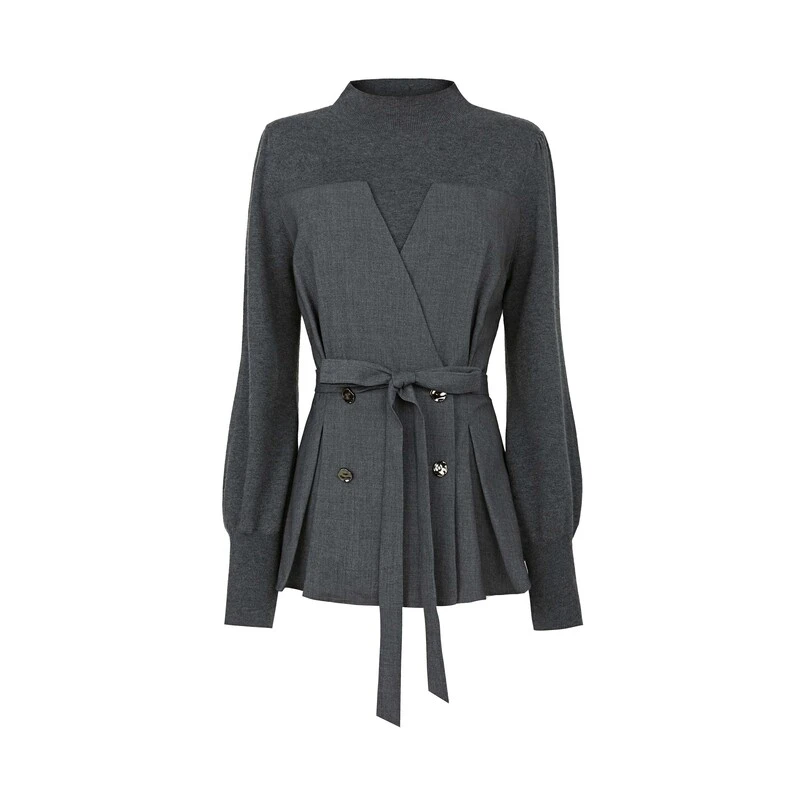 圣迪奥春季气质长袖时尚女士收腰灰色毛呢外套S24183509