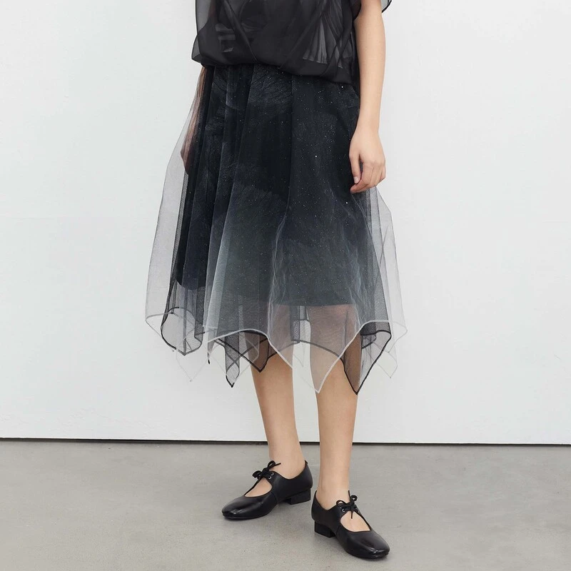 S·DEER圣迪奥女装变色时尚新品黑色百褶晕染网纱A字长裙S23261104