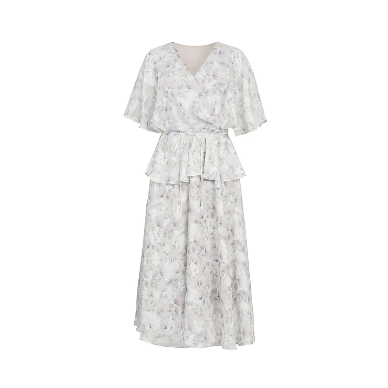 圣迪奥时尚夏天女装休闲V领碎花收腰系带雪纺女士连衣裙S232Z12J9