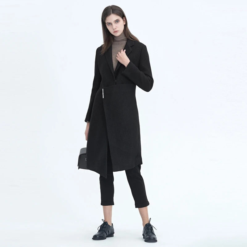 圣迪奥冬季时尚休闲平驳领拼接黑色毛呢大衣外套S20481816