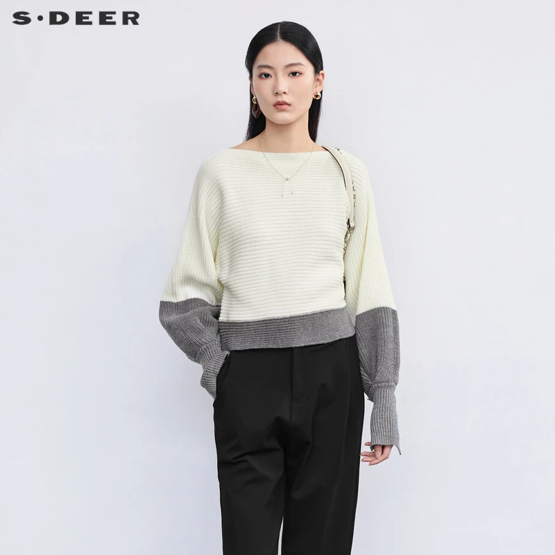 圣迪奥女装时尚复古百搭圆领撞色宽松长袖通勤针织衫S224Z3512