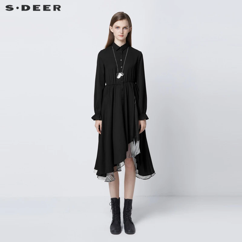 圣迪奥1女装春秋时尚复古收腰拼接印花不规则衬衫连衣裙S21361209