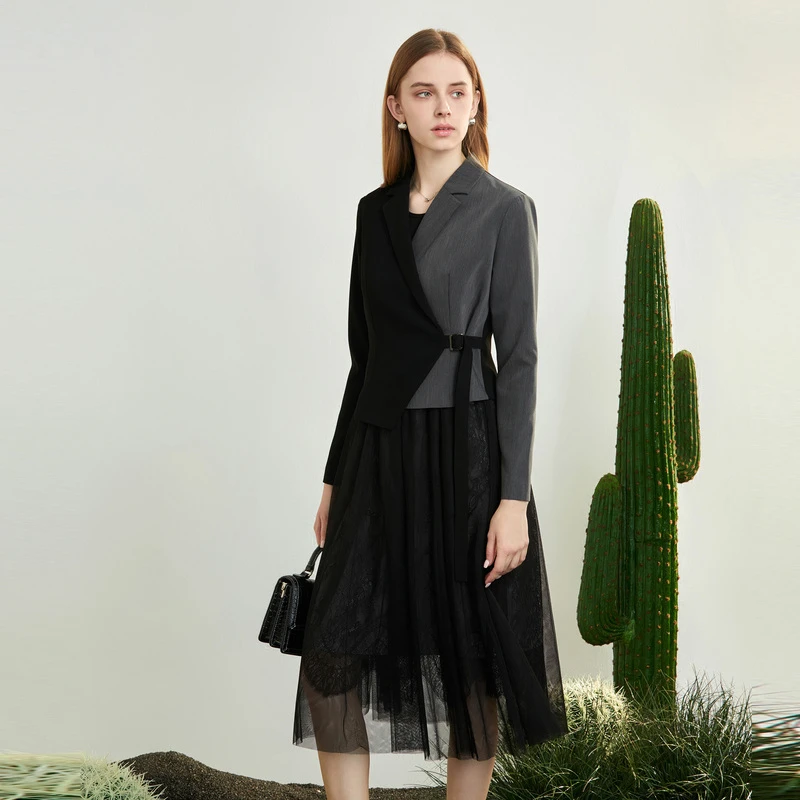 圣迪奥轻奢高端气质撞色拼接春秋季女装连衣裙S23181401