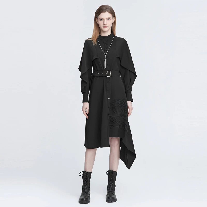 S·DEER圣迪奥女装气质立领收腰拼接不规则衬衫连衣裙S22181219