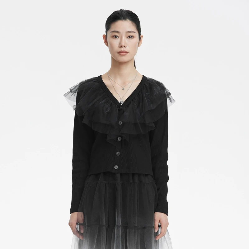 S·DEER圣迪奥春新品女装气质休闲V领网纱拼接开衫针织衫S221Z2207