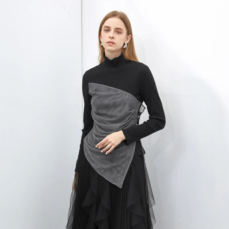 圣迪奥气质百搭女装时尚高领撞色网纱系带长袖T恤S223Z0216