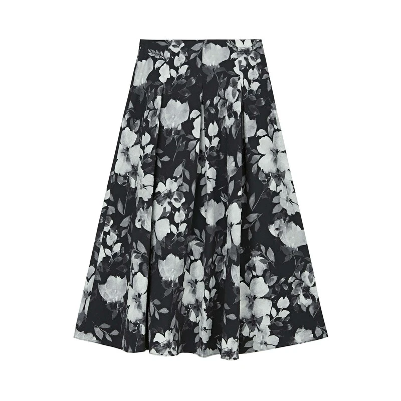 sdeer圣迪奥文艺风高腰水墨百褶A字伞裙S24161103