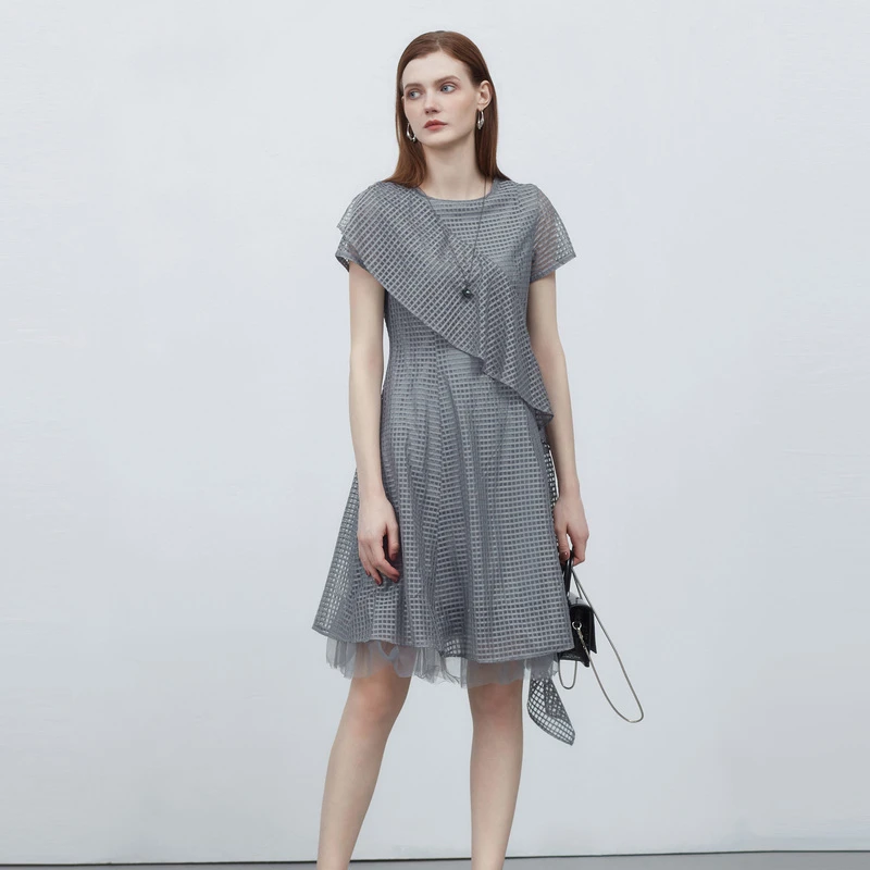优雅时尚气质圆领格纹网纱淑女风拼接短袖连衣裙S223Z12E4