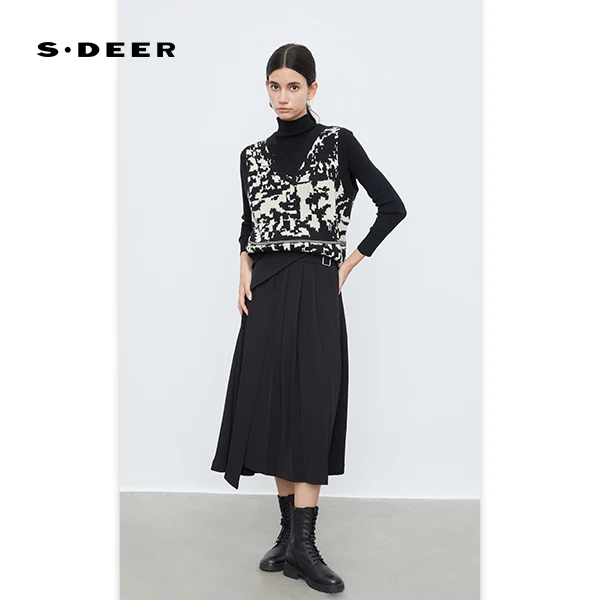 圣迪奥女装春秋复古圆领无袖提花优雅休闲百搭针织衫S233Z3594