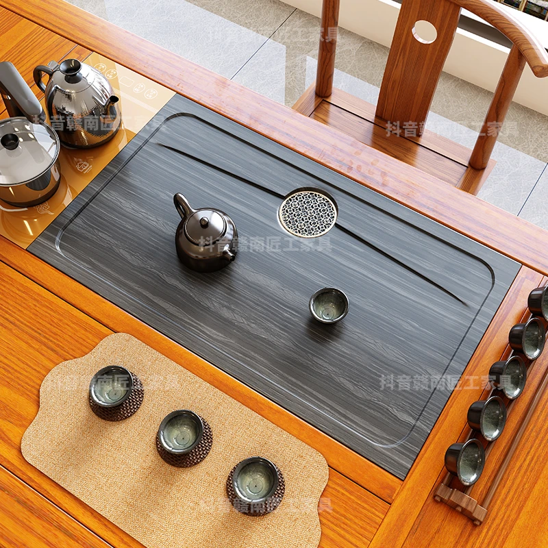 茶桌空位漏水盖板定制嵌入式茶盘整块天然石材新中式茶台中间面板