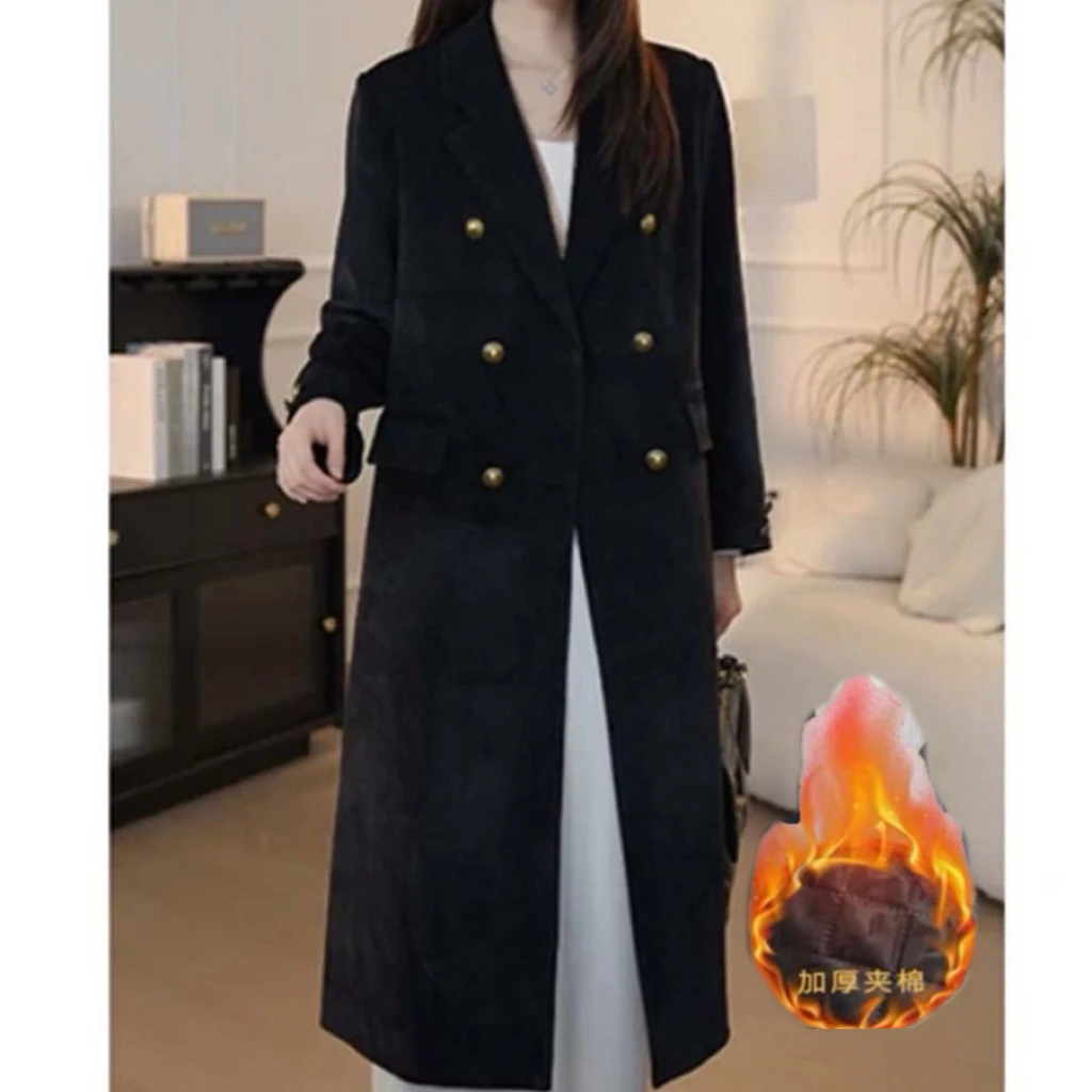 小个子定制长款加棉雪尼尔西装大衣2024冬季新款气质显瘦百搭