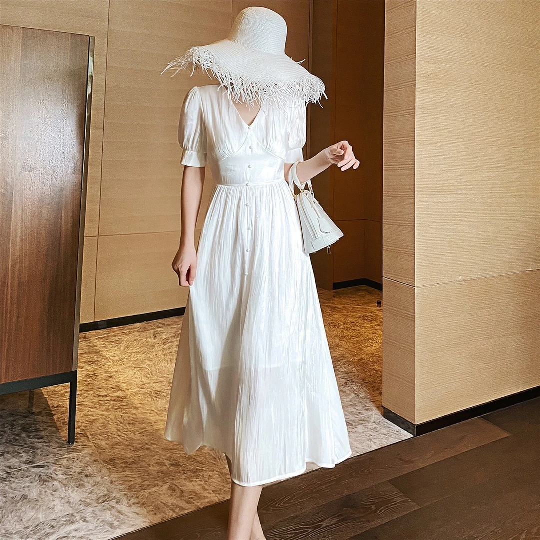白色法式气质长款雪纺女神范修身显瘦收腰v领仙女连衣裙LYQ20438
