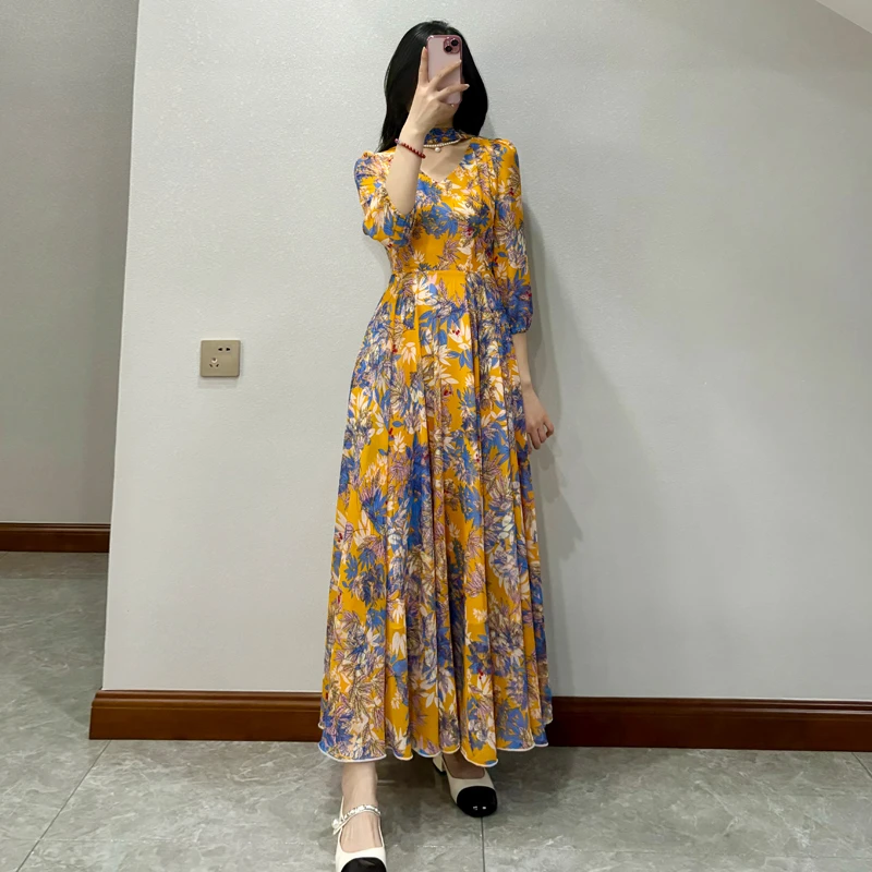 SUYASHI/苏娅诗V领花色大摆连衣裙修身显瘦气质长裙
