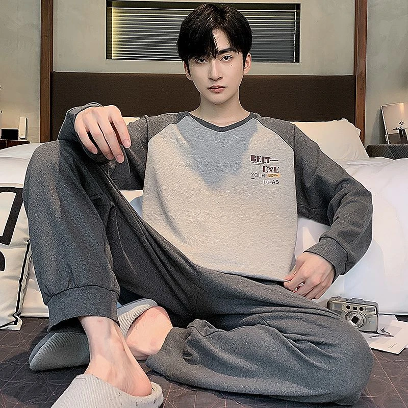 YZT秋冬季纯棉男士舒适宽松睡衣时尚休闲简约外穿长袖家居服套装