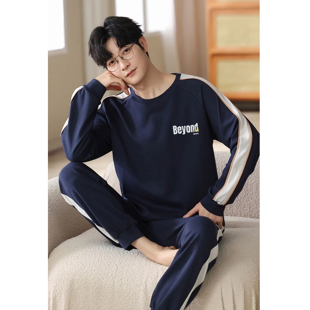 YZT秋冬季纯棉男士舒适宽松睡衣时尚休闲简约外穿长袖家居服套装