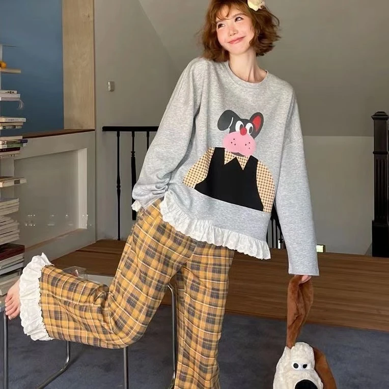 秋冬新款双面纯棉长袖长裤睡衣女设计感重工套装（花边小熊格子裤）