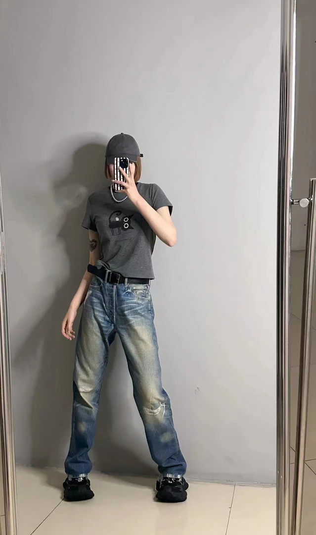 【四姐家】假破洞牛仔裤直筒裤 50802