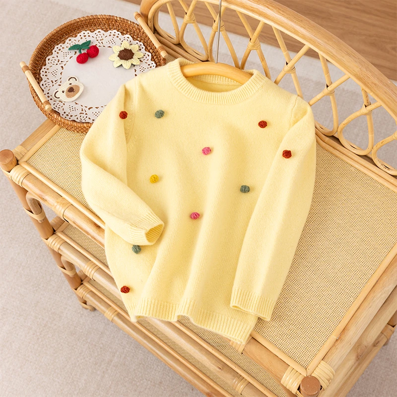 凌云推荐！女童圆领彩虹球球双线加厚羊绒衫