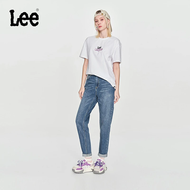 【411锥形裤】Lee24春夏新品舒适高腰小直脚中蓝色女牛仔裤潮流