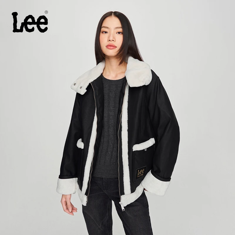 【棉服外套】Lee秋冬新品舒适版仿羊羔毛饰边黑色女棉服外套潮