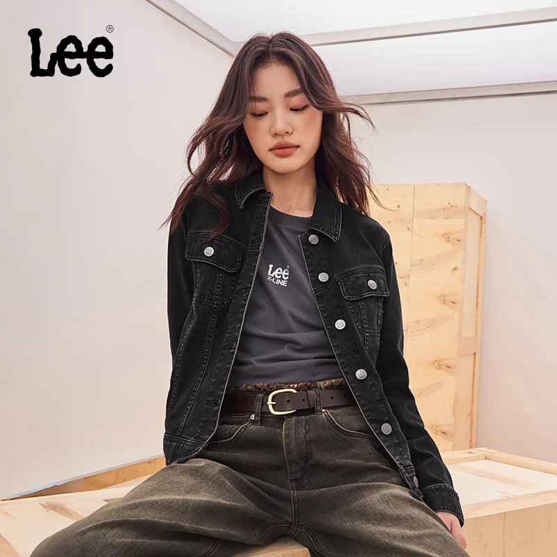 【牛仔外套】Lee秋冬新品标准版翻领黑色女长袖牛仔夹克外套潮