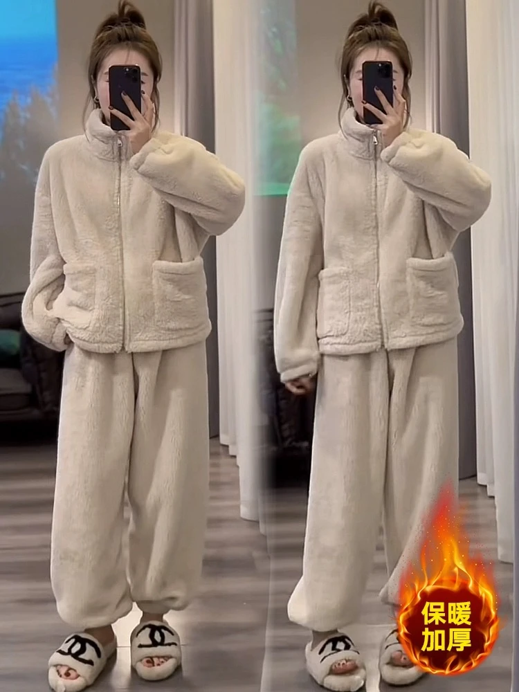 慵懒风保暖毛毛家居服套装女新款宽松显瘦两件套睡衣外穿冬潮