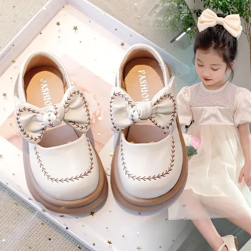 女童公主鞋洋气单鞋春秋儿童鞋子百搭软底蝴蝶结豆豆鞋小女孩皮鞋