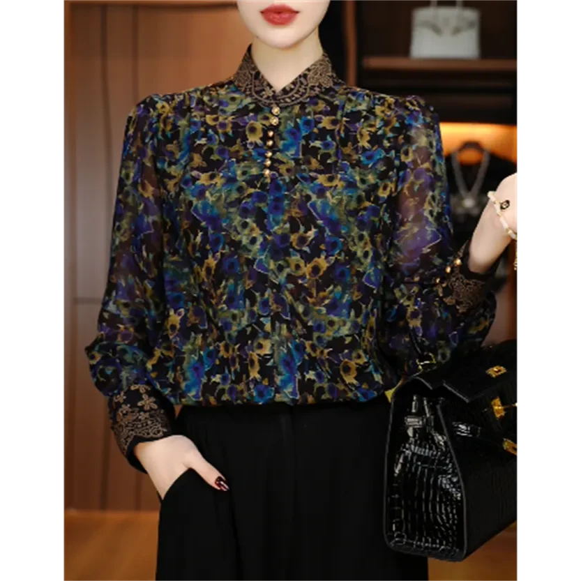 早春秋季薄款时尚显瘦优雅洋气气质休闲印花百搭半高领领衬衫