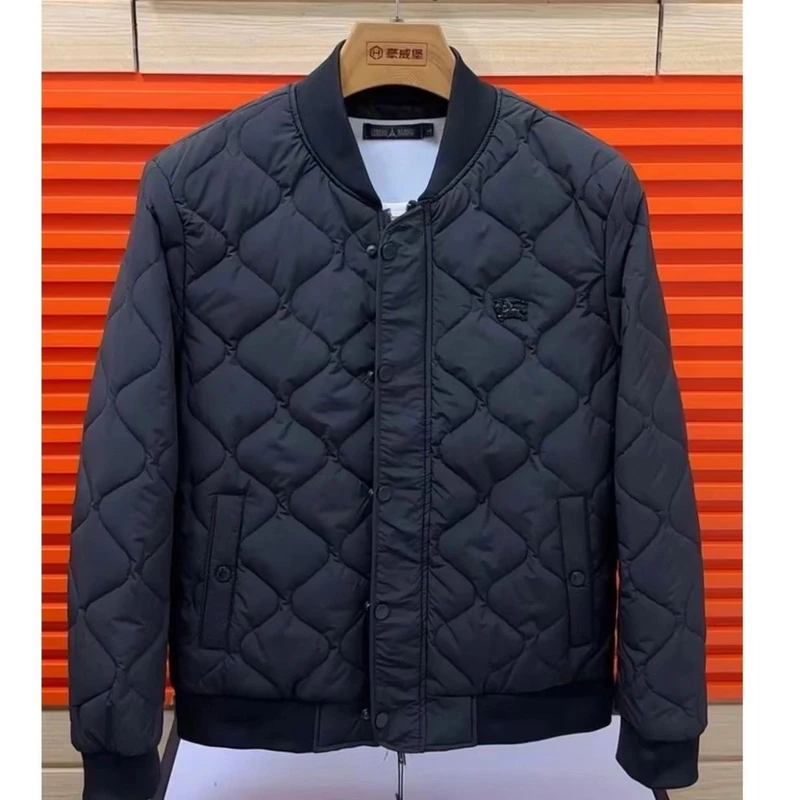 男士薄棉棒球领外套菱形小格子户外休闲保暖秋冬修身防风防寒