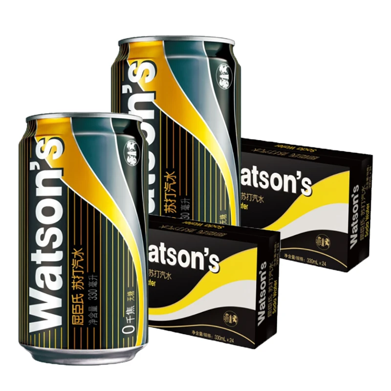 屈臣氏苏打水330ml*24罐*2件整箱批发无糖原味苏打汽水气泡水饮料