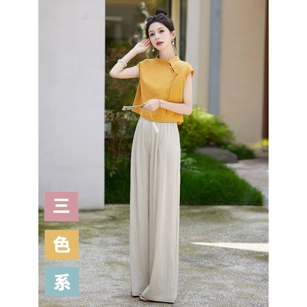 茶系穿搭一整套新中式国风套装女夏季2025新款高级感阔腿裤两件套