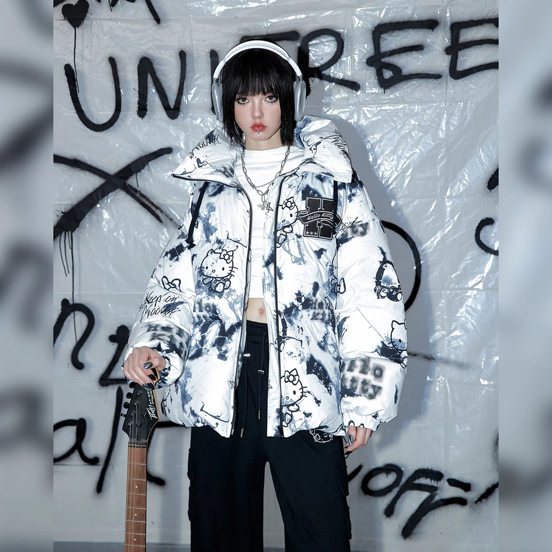 冬季新款黑白涂鸦满印撞色情侣羽绒服