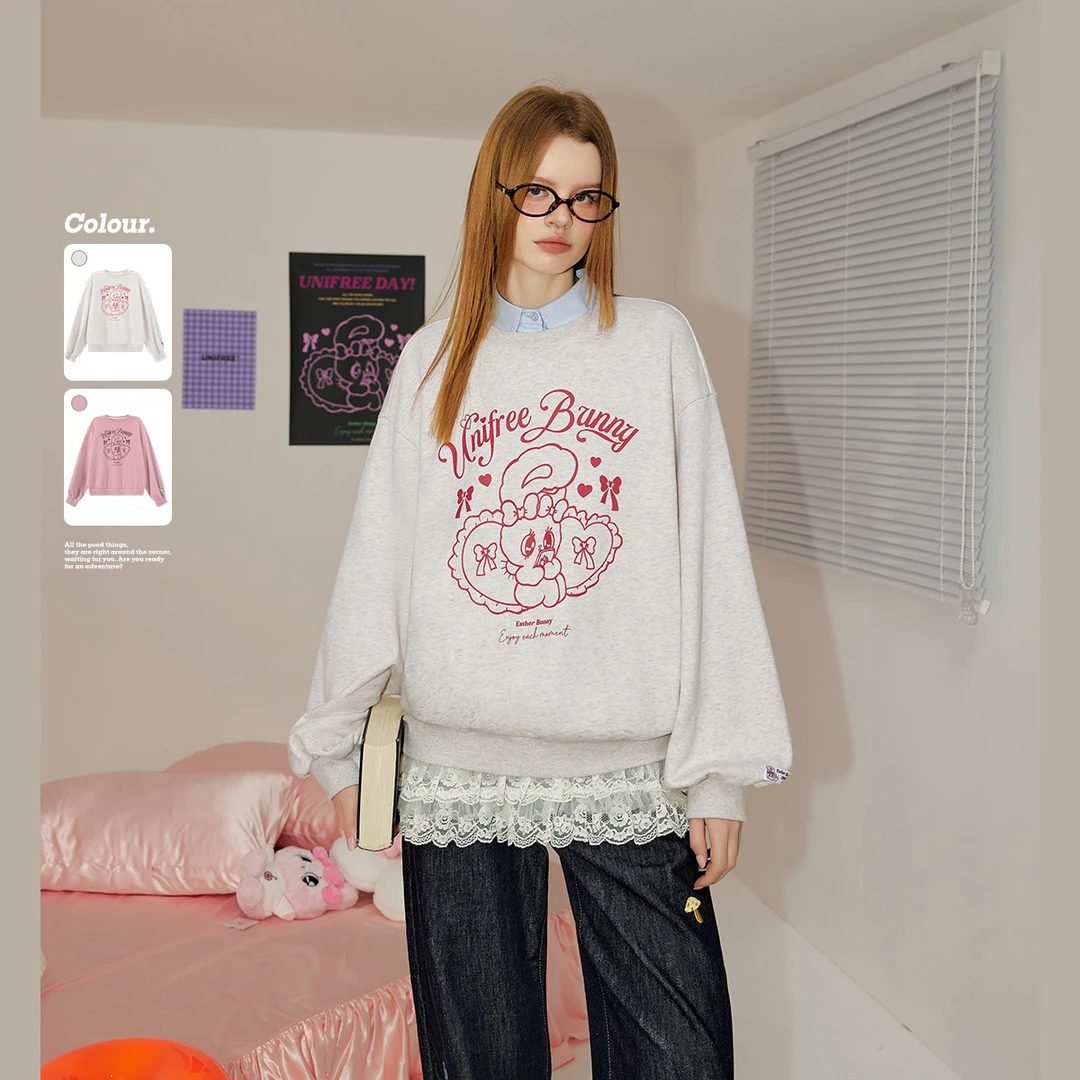 unifree【艾丝乐联名】落肩圆领卫衣女美式复古可爱宽松百搭上衣