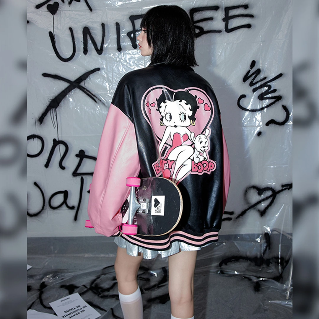 【Betty Boop联名】UNIFREE黑粉pu皮棒球服学院风可爱宽松外套