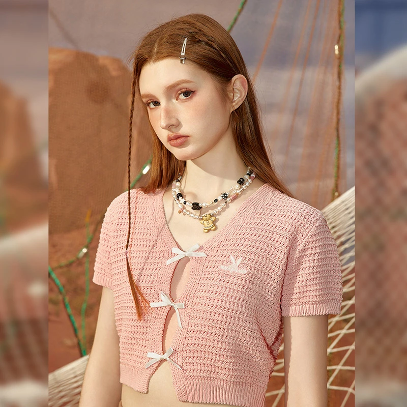 【PLAYBOY联名】UNIFREE短袖针织衫女辣妹性感蝴蝶结夏季高级上衣