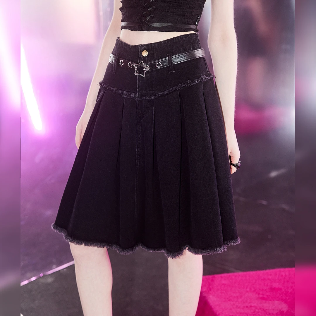 UNIFREE美式复古半身裙甜酷辣妹水洗做旧毛边A字显瘦百褶牛仔裙女