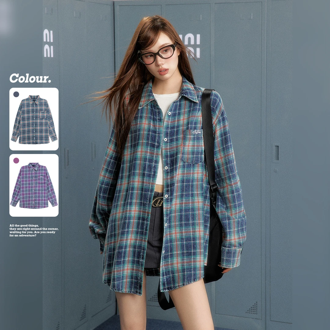 unifree冬款学院风精致蝴蝶结字母刺绣活力减龄宽松格子衬衫