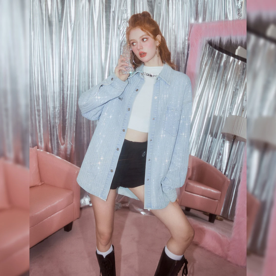 UNIFREE水洗牛仔衬衣女烫钻气质蓝时髦款氛围感宽松休闲百搭外套