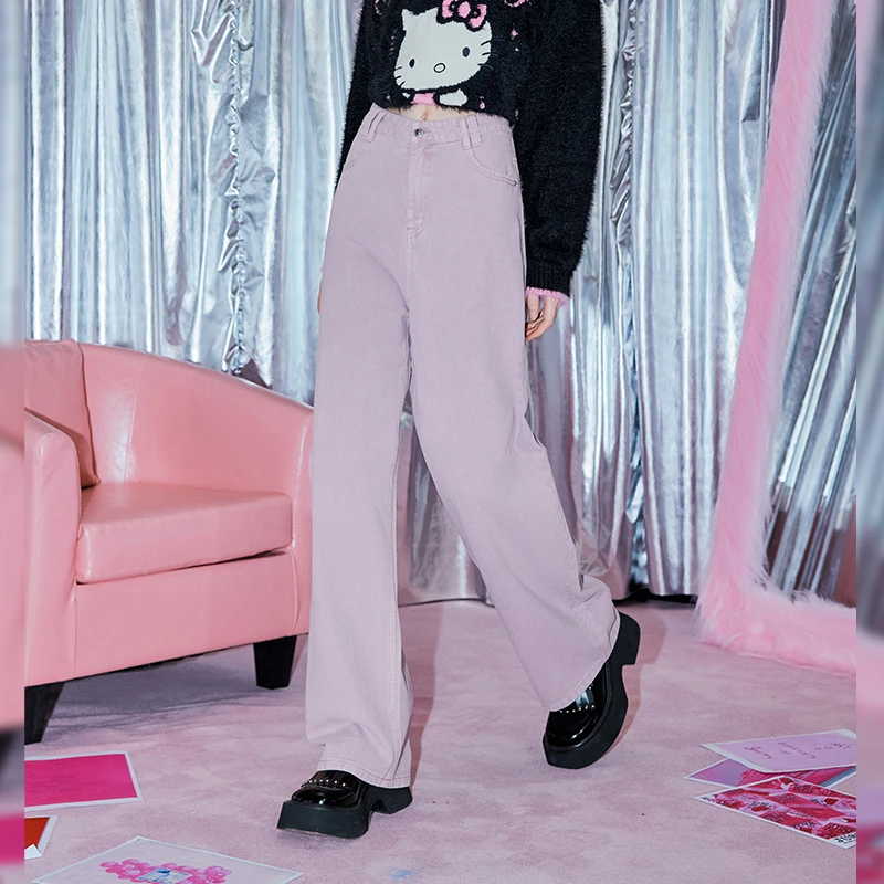 unifree春款复古做旧百搭宽松直筒水洗牛仔长裤时尚高腰显瘦运动