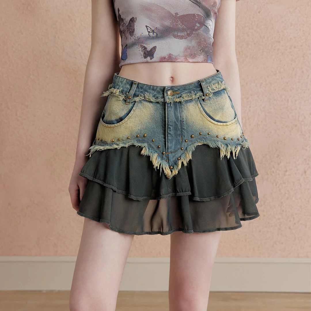 阔腿牛仔裤24年秋款复古波点印花活力减龄休闲宽松