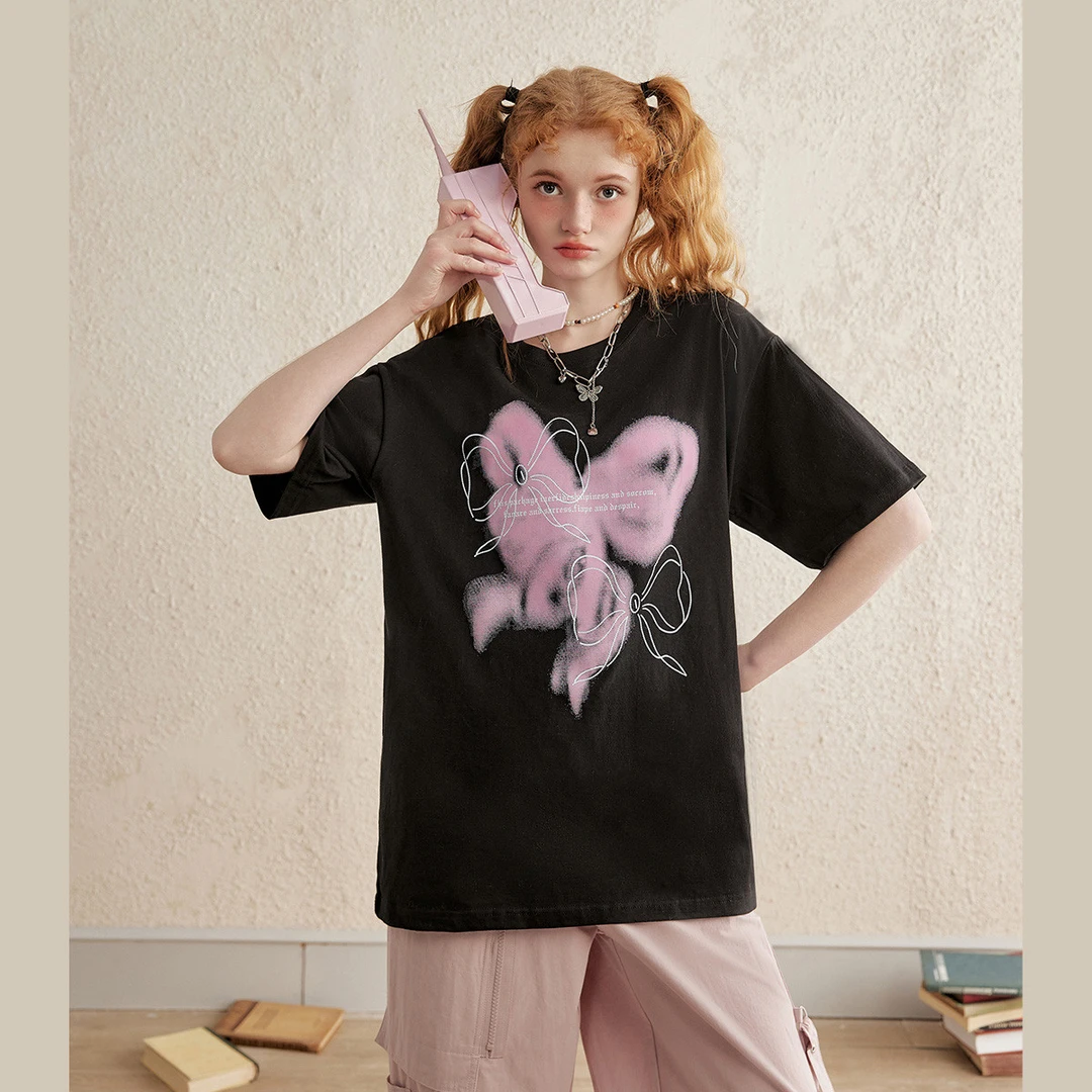 黑色短袖T恤女蝴蝶结撞色宽松美式潮牌ins小个子百搭上衣