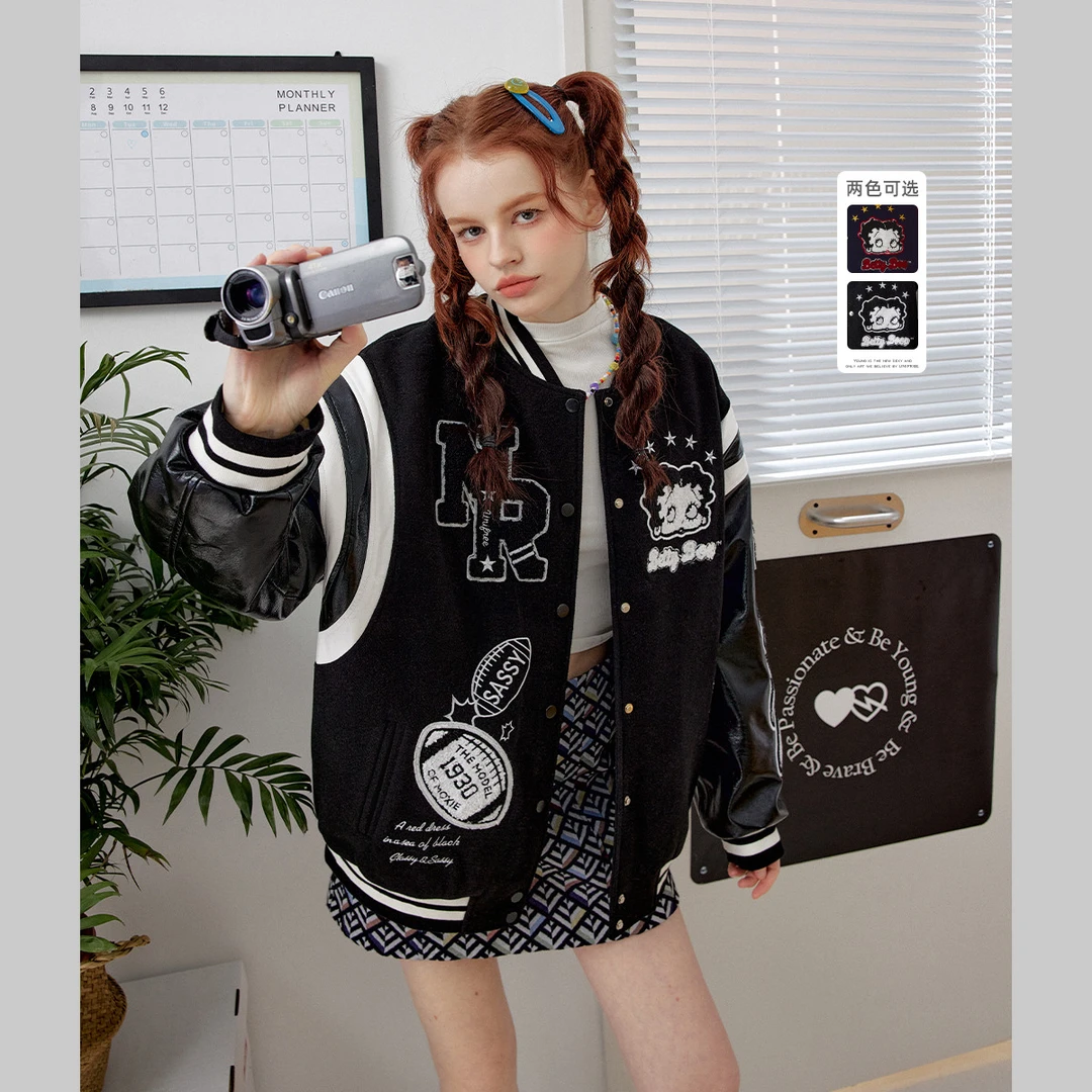 【Betty Boop联名】冬新款街头拼接韩版情侣撞色棒球服棉服