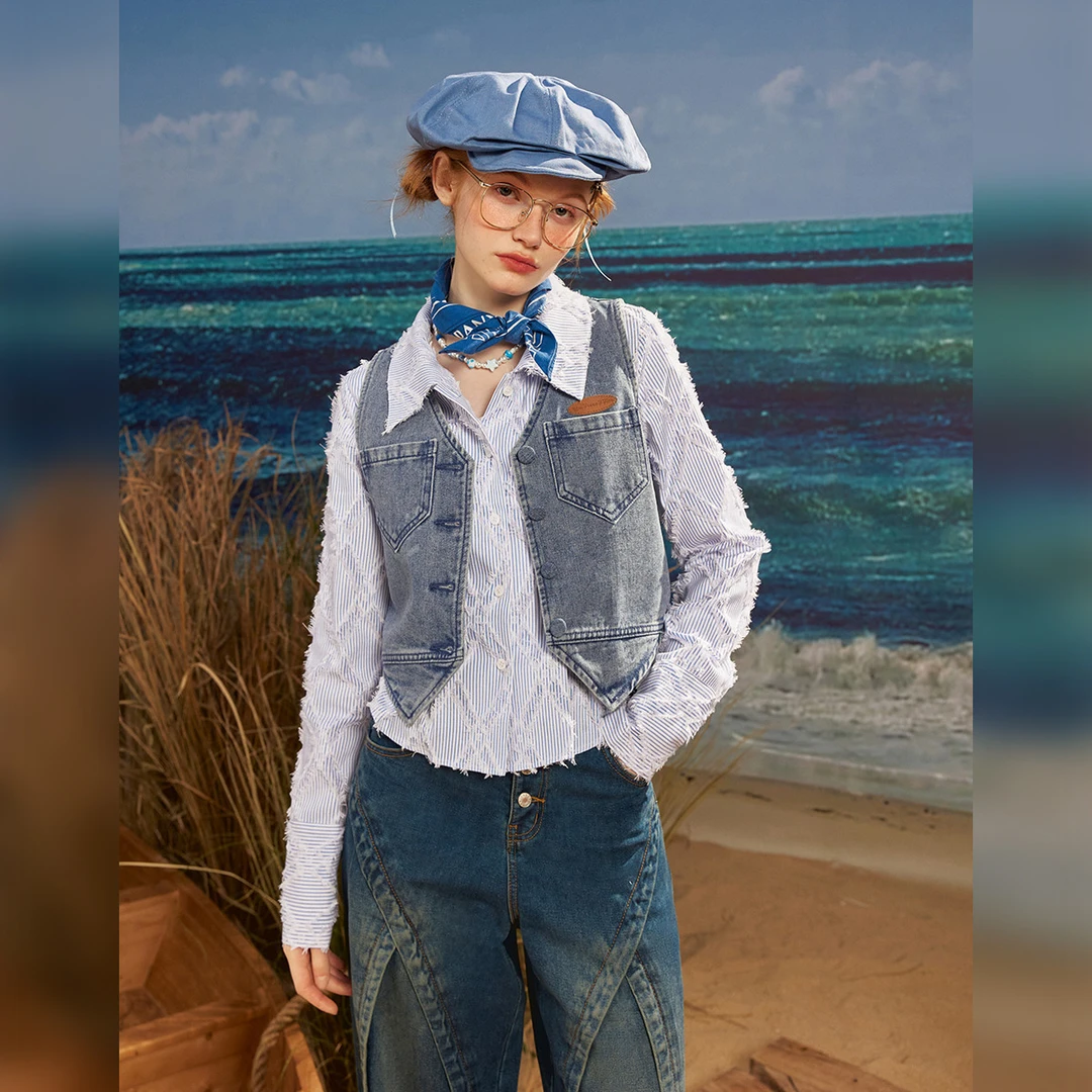 unifree春款美式复古甜酷短款V领无袖牛仔马甲休闲时尚潮流水